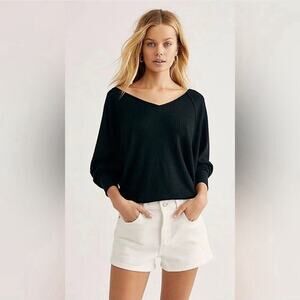 We the Free Santa Clara Waffle Thermal Top Black‎ Oversized Boho Womens Large